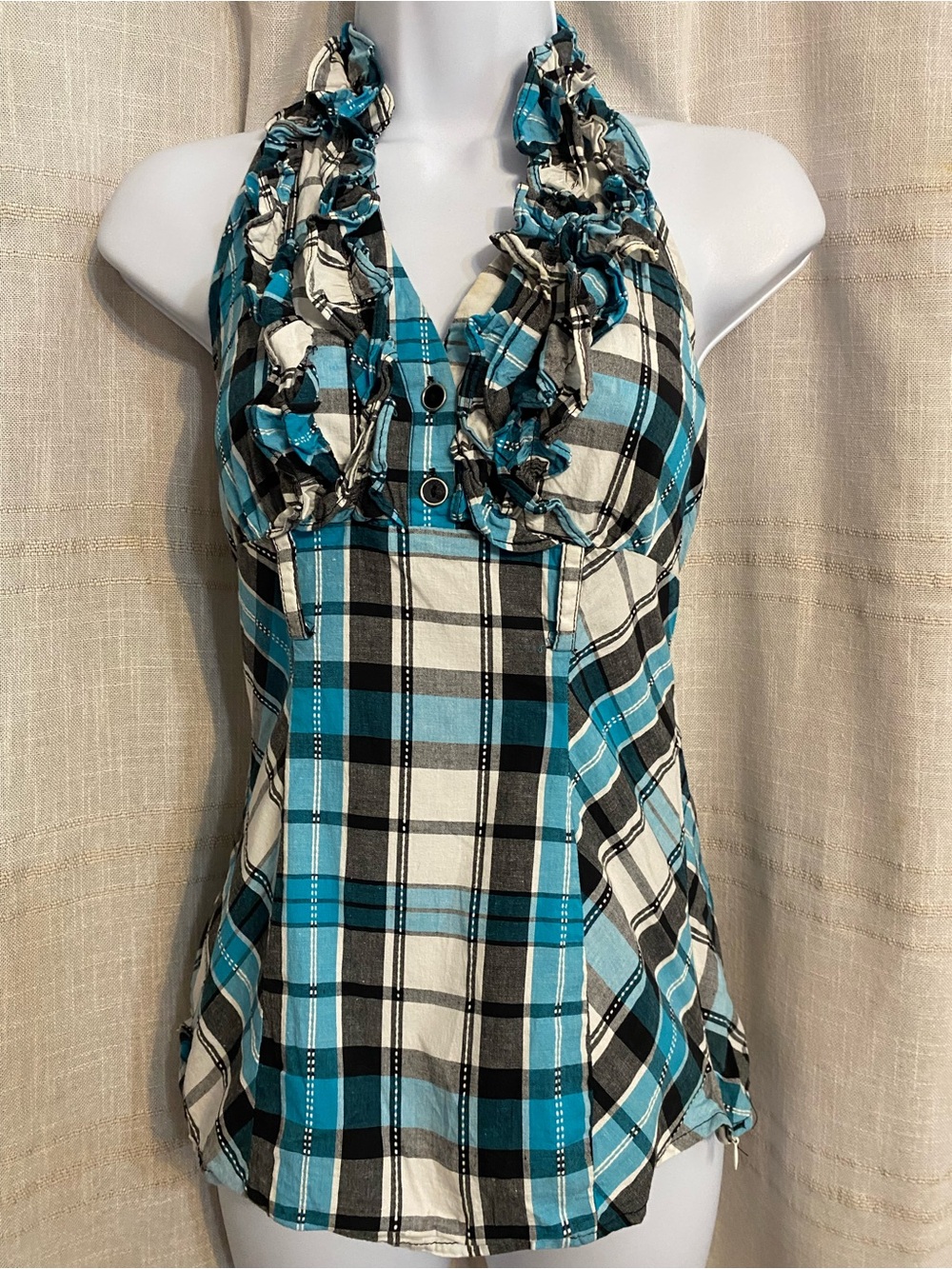 HeartSoul Y2K Plaid Ruffle Halter Top Blue Black White Small